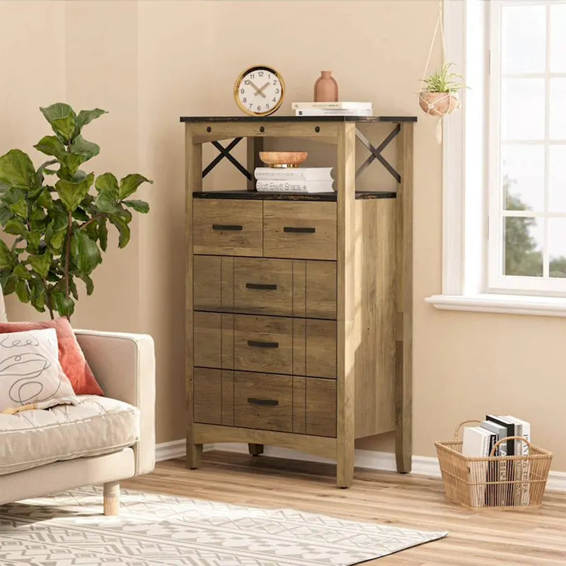 Brown Rustic Storage Cabinet w/ 2 Shelves & 5 Drawers