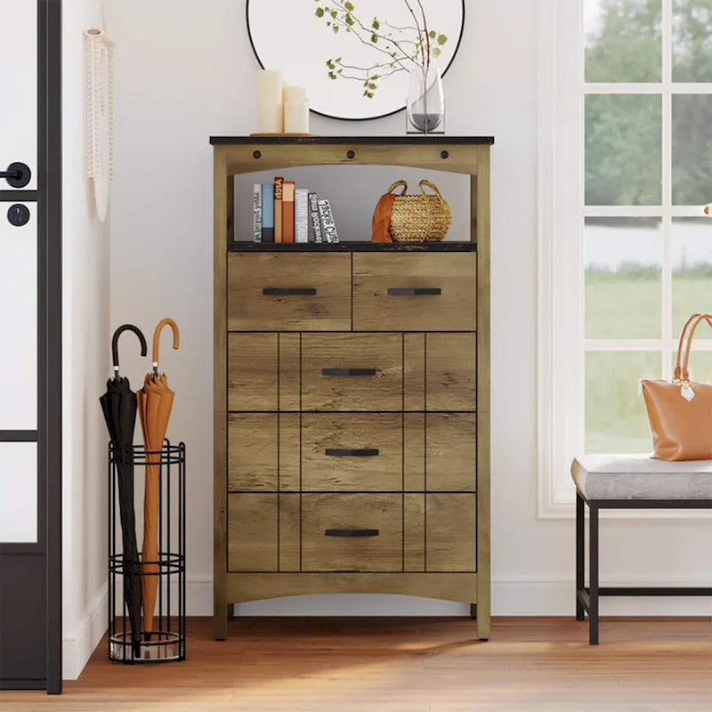 Brown Rustic Storage Cabinet w/ 2 Shelves & 5 Drawers