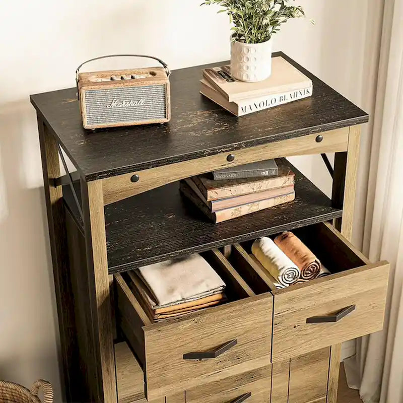 Brown Rustic Storage Cabinet w/ 2 Shelves & 5 Drawers