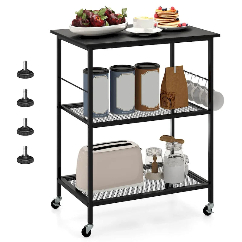 Black 3-Tier Rolling Kitchen Cart, Mesh Shelves with Hooks