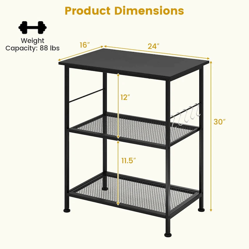 Black 3-Tier Rolling Kitchen Cart, Mesh Shelves with Hooks
