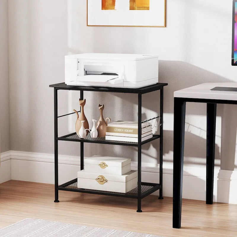 Black 3-Tier Rolling Kitchen Cart, Mesh Shelves with Hooks