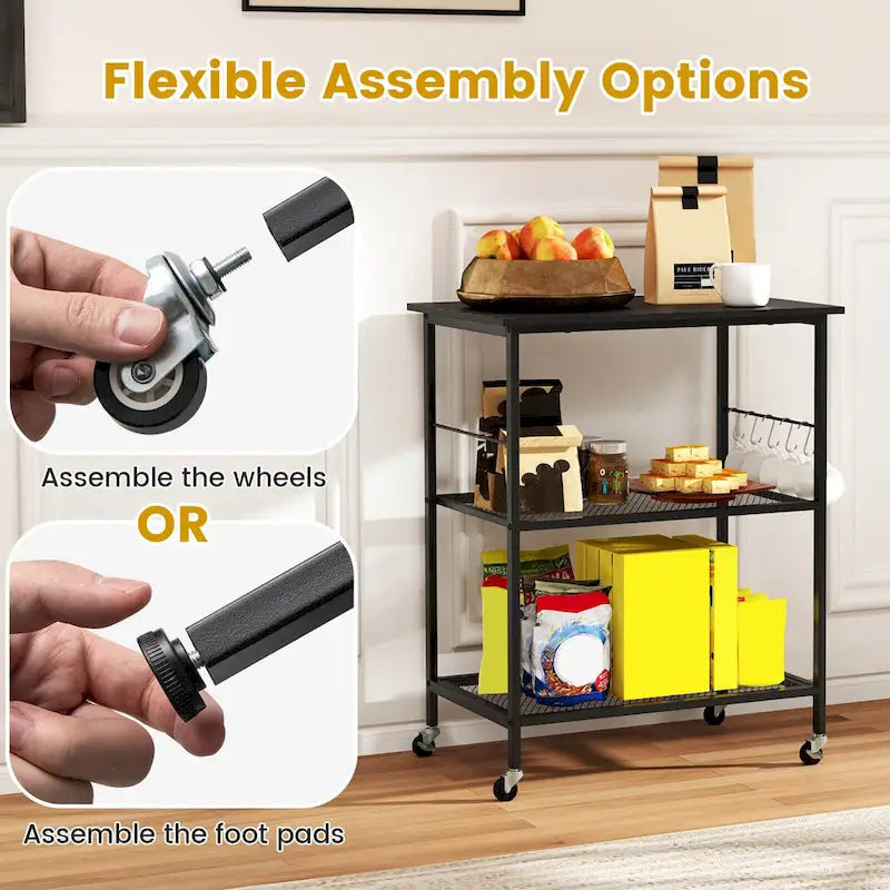 Black 3-Tier Rolling Kitchen Cart, Mesh Shelves with Hooks