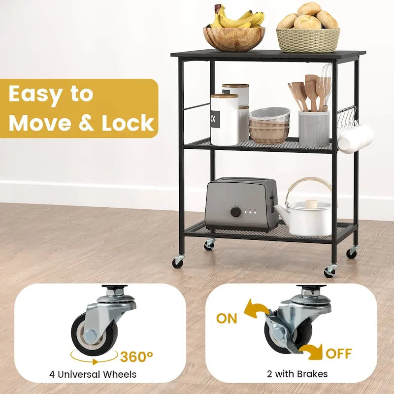 Black 3-Tier Rolling Kitchen Cart, Mesh Shelves with Hooks