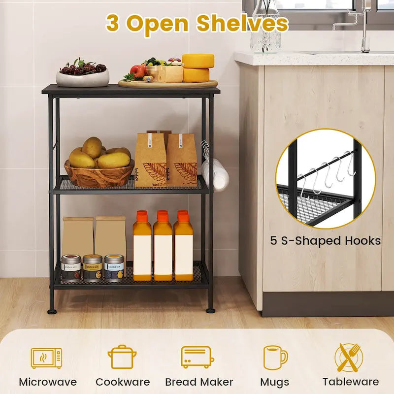 Black 3-Tier Rolling Kitchen Cart, Mesh Shelves with Hooks
