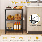Black 3-Tier Rolling Kitchen Cart, Mesh Shelves with Hooks