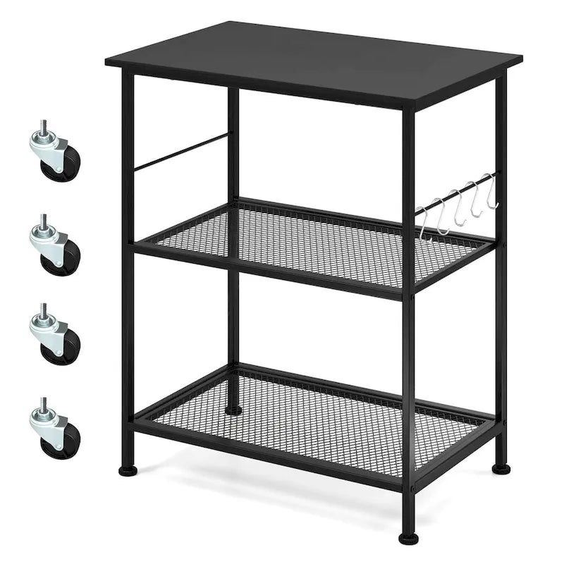 Black 3-Tier Rolling Kitchen Cart, Mesh Shelves with Hooks