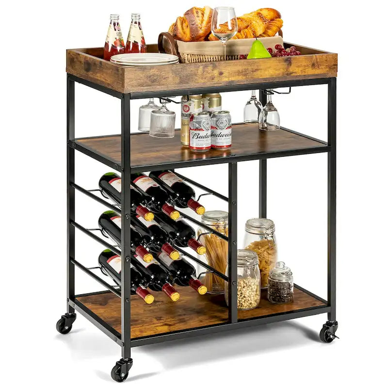 Rustic Brown & Black 3-Tier Rolling Kitchen Cart with Wine Rack, Single-Person Use