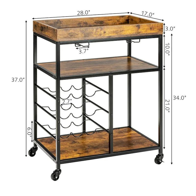 Rustic Brown & Black 3-Tier Rolling Kitchen Cart with Wine Rack, Single-Person Use