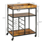 Rustic Brown & Black 3-Tier Rolling Kitchen Cart with Wine Rack, Single-Person Use
