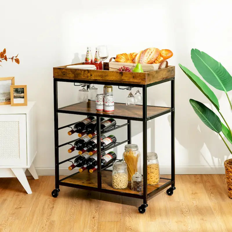 Rustic Brown & Black 3-Tier Rolling Kitchen Cart with Wine Rack, Single-Person Use