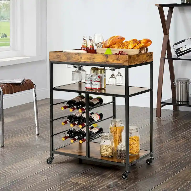 Rustic Brown & Black 3-Tier Rolling Kitchen Cart with Wine Rack, Single-Person Use