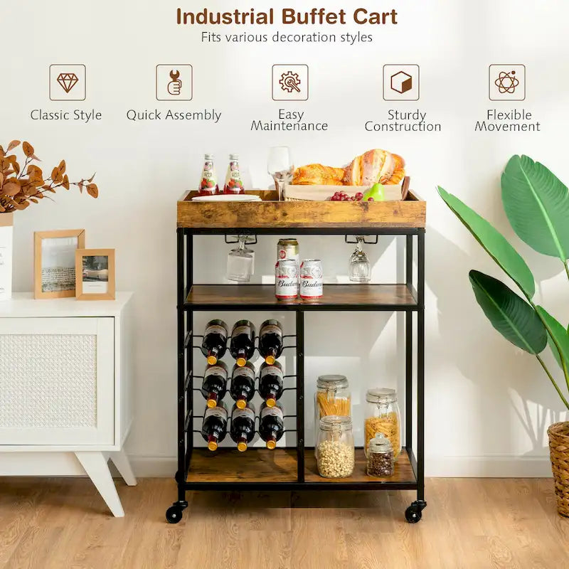 Rustic Brown & Black 3-Tier Rolling Kitchen Cart with Wine Rack, Single-Person Use