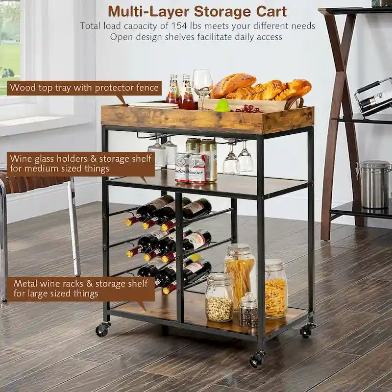 Rustic Brown & Black 3-Tier Rolling Kitchen Cart with Wine Rack, Single-Person Use