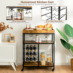 Rustic Brown & Black 3-Tier Rolling Kitchen Cart with Wine Rack, Single-Person Use
