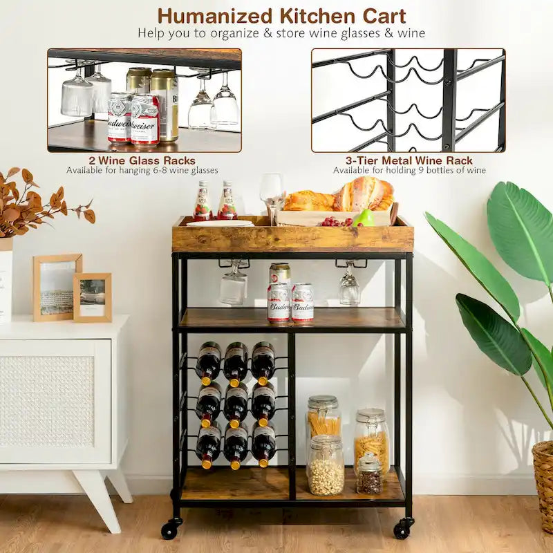 Rustic Brown & Black 3-Tier Rolling Kitchen Cart with Wine Rack, Single-Person Use