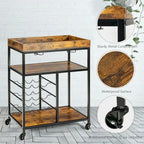 Rustic Brown & Black 3-Tier Rolling Kitchen Cart with Wine Rack, Single-Person Use