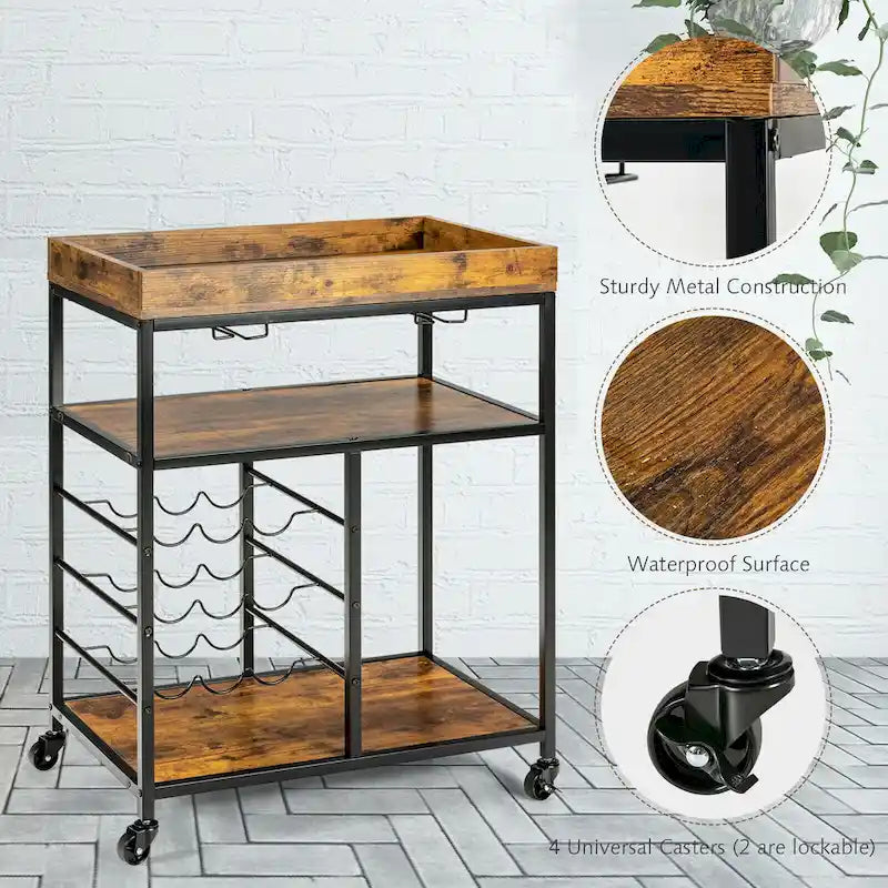Rustic Brown & Black 3-Tier Rolling Kitchen Cart with Wine Rack, Single-Person Use