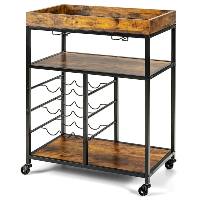 Rustic Brown & Black 3-Tier Rolling Kitchen Cart with Wine Rack, Single-Person Use