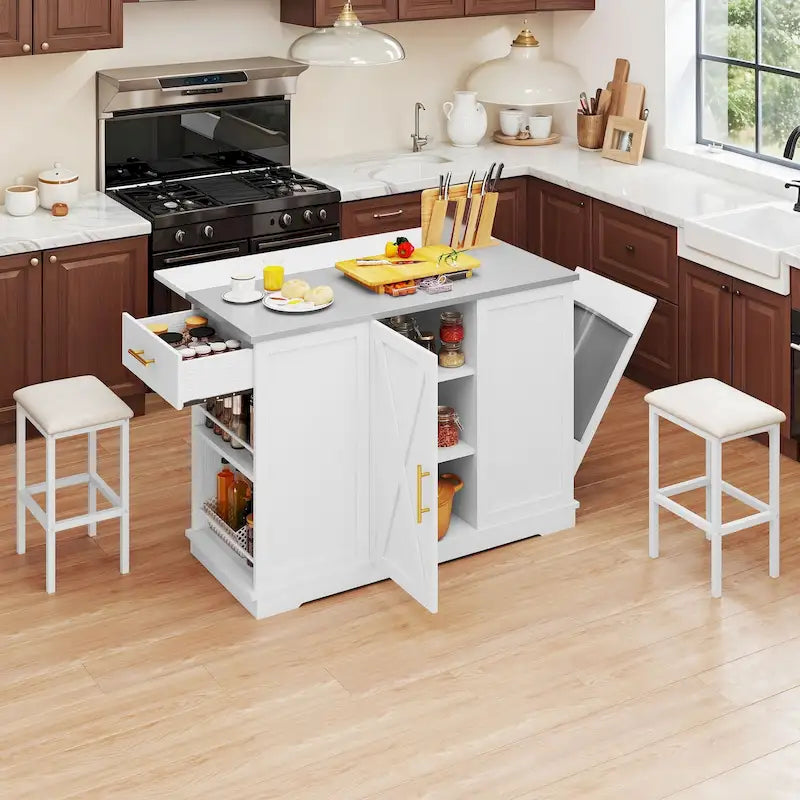 White Rolling Kitchen Island with Flip-Top, Trash Can Storage & 2 Bar Stools