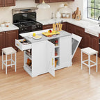 White Rolling Kitchen Island with Flip-Top, Trash Can Storage & 2 Bar Stools
