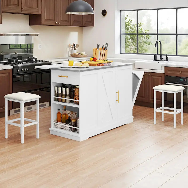 White Rolling Kitchen Island with Flip-Top, Trash Can Storage & 2 Bar Stools