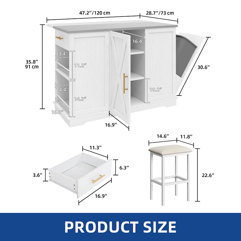 White Rolling Kitchen Island with Flip-Top, Trash Can Storage & 2 Bar Stools