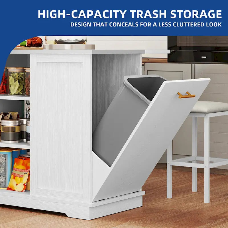 White Rolling Kitchen Island with Flip-Top, Trash Can Storage & 2 Bar Stools