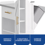 White Rolling Kitchen Island with Flip-Top, Trash Can Storage & 2 Bar Stools