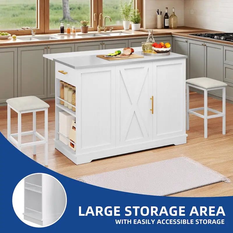 White Rolling Kitchen Island with Flip-Top, Trash Can Storage & 2 Bar Stools