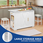 White Rolling Kitchen Island with Flip-Top, Trash Can Storage & 2 Bar Stools