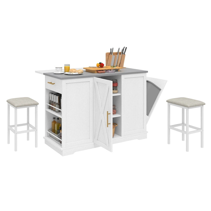White Rolling Kitchen Island with Flip-Top, Trash Can Storage & 2 Bar Stools