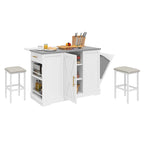 White Rolling Kitchen Island with Flip-Top, Trash Can Storage & 2 Bar Stools
