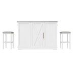 White Rolling Kitchen Island with Flip-Top, Trash Can Storage & 2 Bar Stools