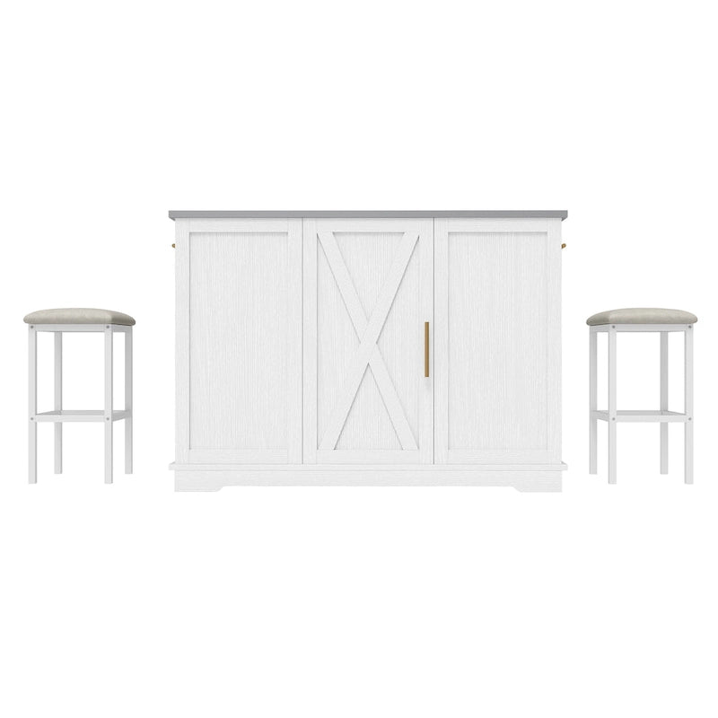 White Rolling Kitchen Island with Flip-Top, Trash Can Storage & 2 Bar Stools