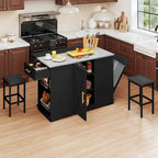 White Rolling Kitchen Island with Flip-Top, Trash Can Storage & 2 Bar Stools
