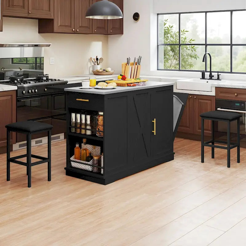 White Rolling Kitchen Island with Flip-Top, Trash Can Storage & 2 Bar Stools