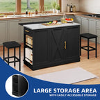 White Rolling Kitchen Island with Flip-Top, Trash Can Storage & 2 Bar Stools