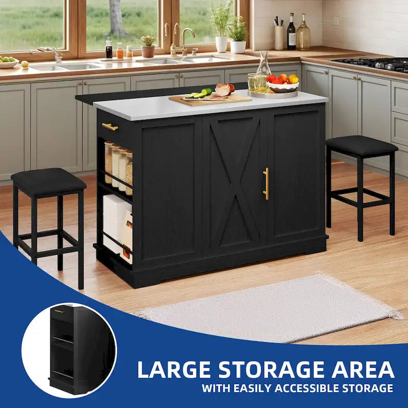 White Rolling Kitchen Island with Flip-Top, Trash Can Storage & 2 Bar Stools