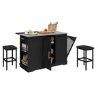 White Rolling Kitchen Island with Flip-Top, Trash Can Storage & 2 Bar Stools