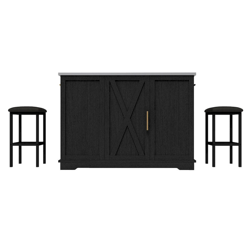 White Rolling Kitchen Island with Flip-Top, Trash Can Storage & 2 Bar Stools