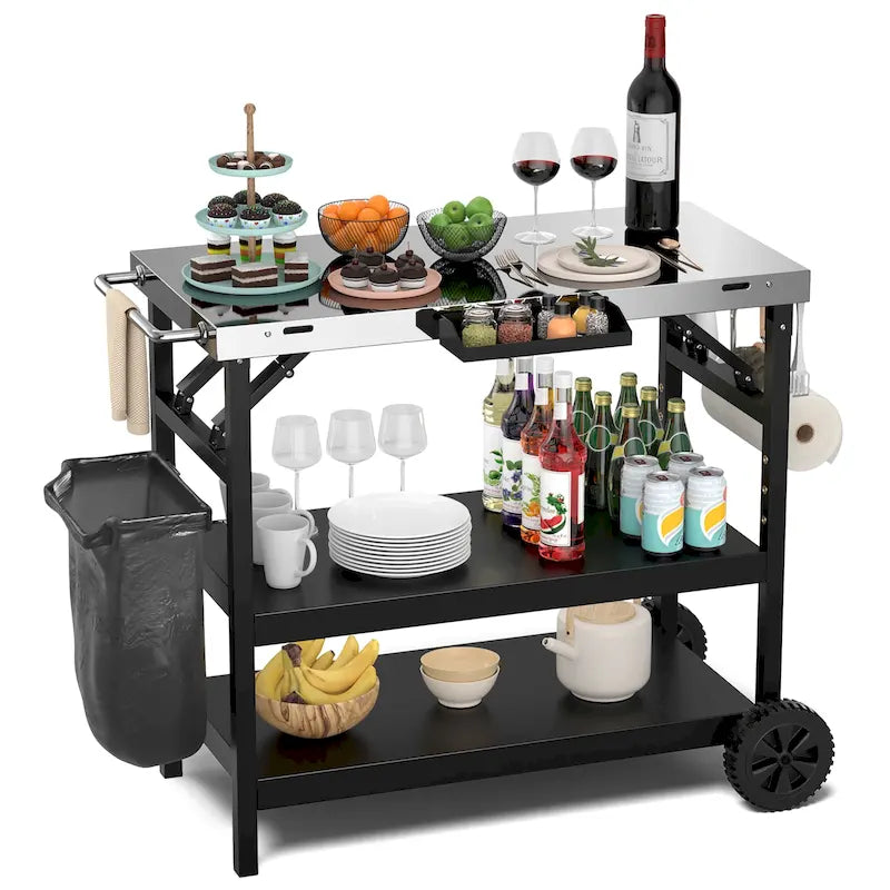 Black 3-Shelf Serving Cart, Outdoor/Indoor, 1-Person Use