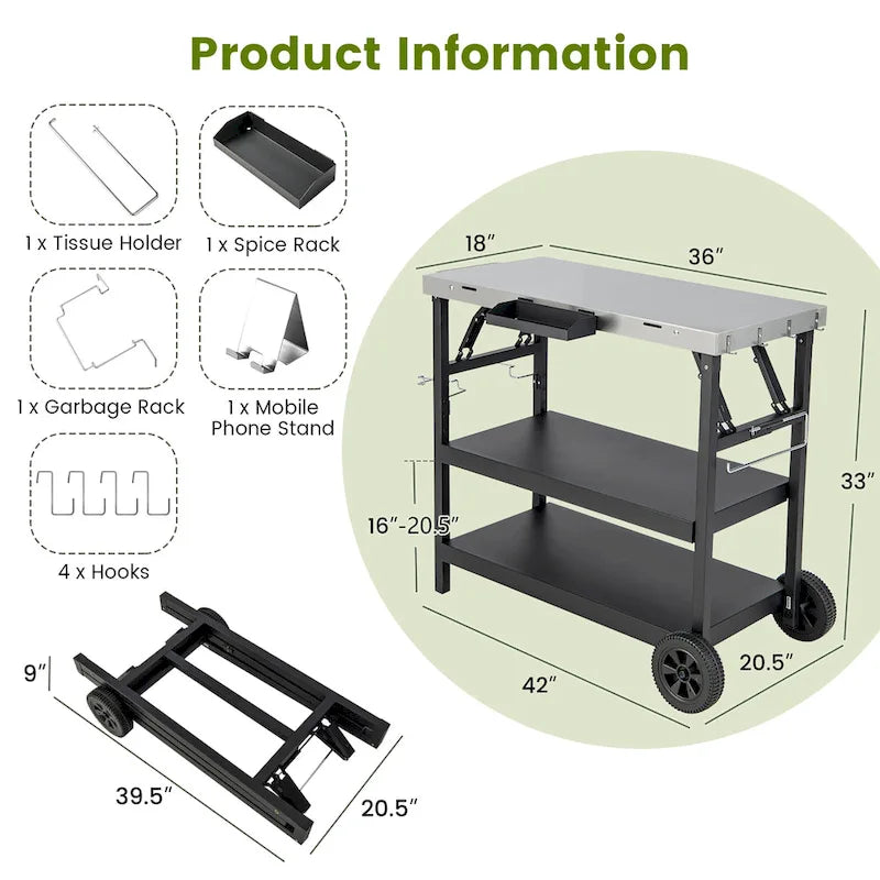 Black 3-Shelf Serving Cart, Outdoor/Indoor, 1-Person Use