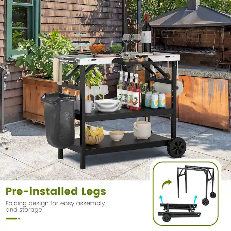 Black 3-Shelf Serving Cart, Outdoor/Indoor, 1-Person Use