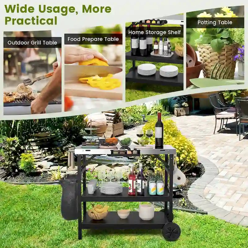 Black 3-Shelf Serving Cart, Outdoor/Indoor, 1-Person Use