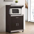 Brown/Grey Wheeled Microwave Cart with Drawer & Cabinet