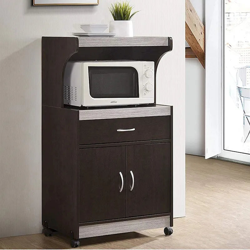 Brown/Grey Wheeled Microwave Cart with Drawer & Cabinet