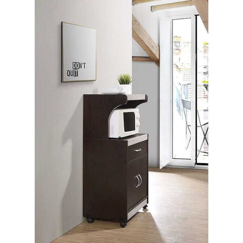 Brown/Grey Wheeled Microwave Cart with Drawer & Cabinet