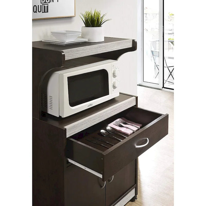Brown/Grey Wheeled Microwave Cart with Drawer & Cabinet