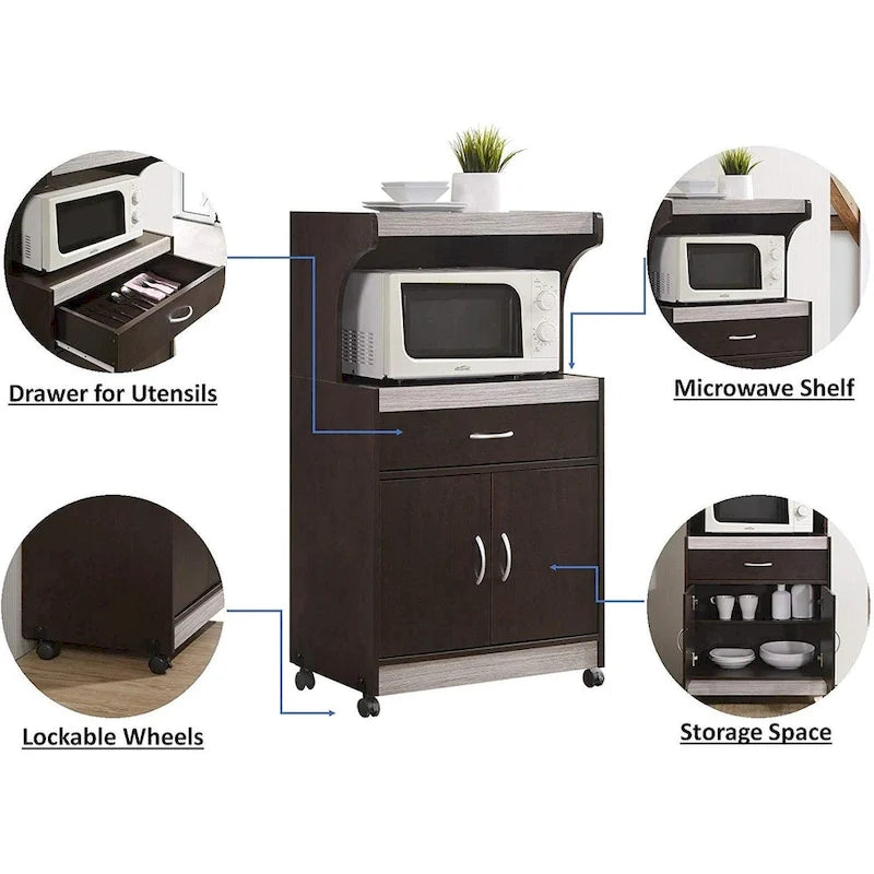 Brown/Grey Wheeled Microwave Cart with Drawer & Cabinet